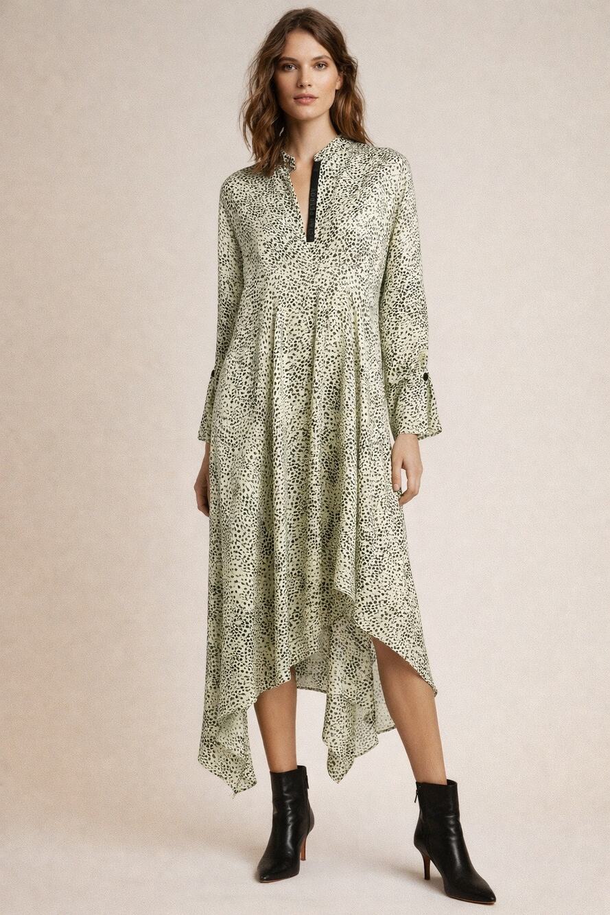 PETAR PETROV Neutral Light Green 100% Silk Black Spots Alex Silk Dress size XS